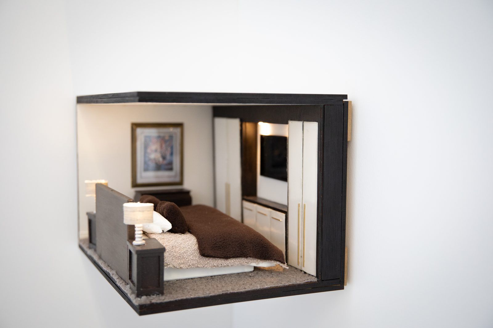 Dark brown bedroom miniature model