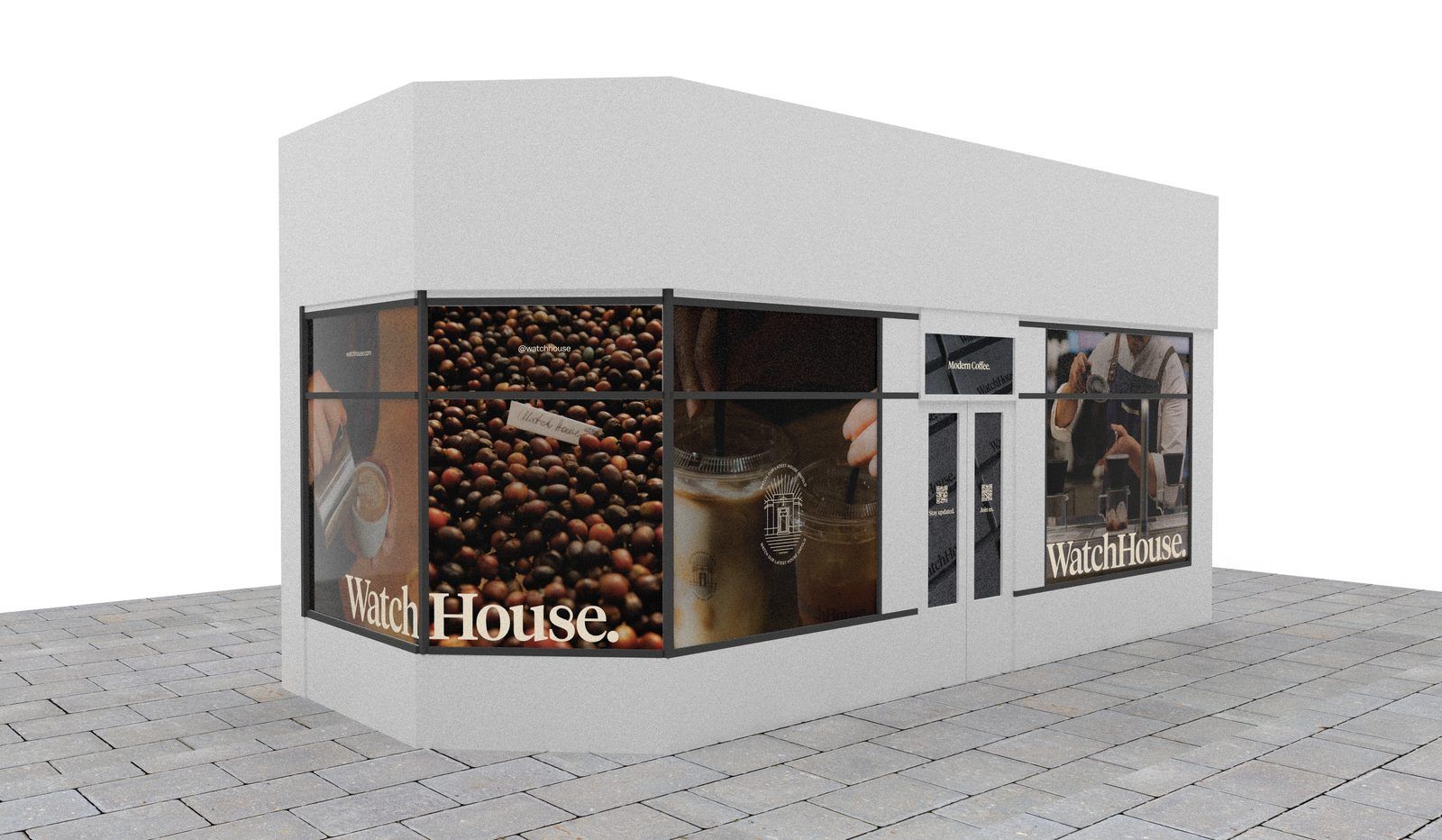WatchHouse 3D vinyl store render, corner view