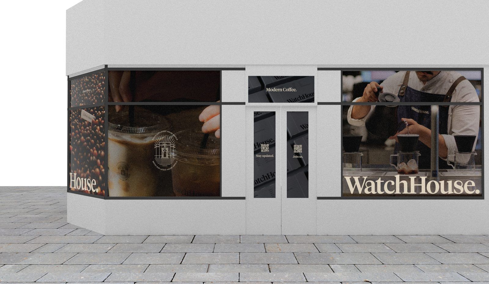 WatchHouse 3D vinyl store render, shopfront